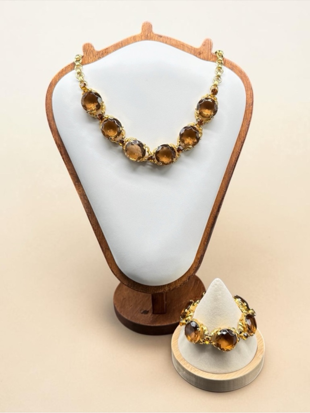 Riviere Statement Necklace & Bracelet Set Smokey Topaz Glass Collet Vintage